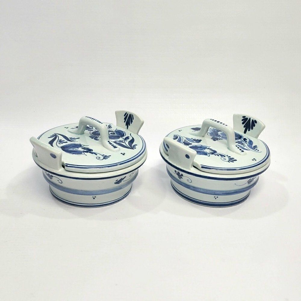 2 - Vintage DELFTS‎ Holland Zenith Blue Container + Lid Hand painted 2.5"